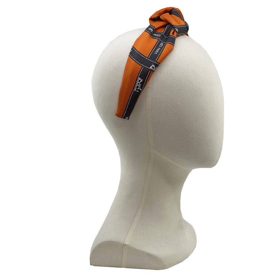 Silk Knot headband made from Hermes Bolduc Scarf in Orange and Brown