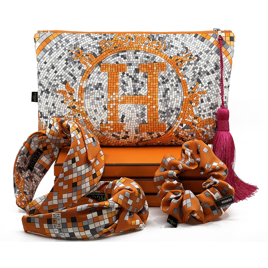 Hermes Mosaique au 24 Faubourg Silk Scarf headband scrunchie and clutch purse